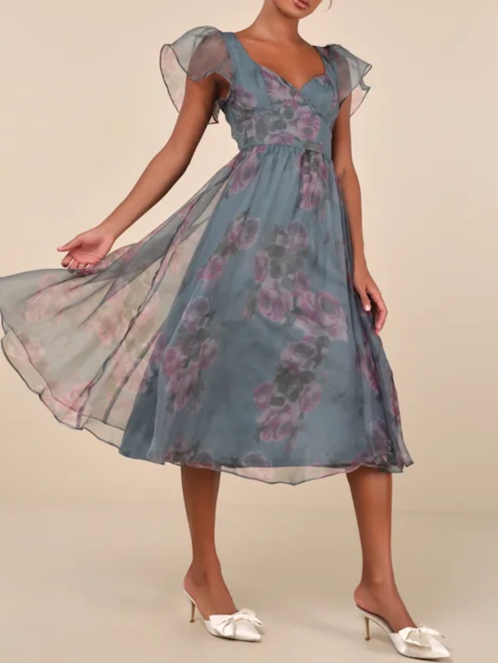 Lulus Mesmerizing Mood Slate Floral Organza Ruffled A-Line Midi Dress Size M